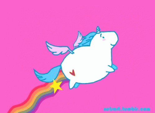 a cartoon image of a flying unicorn unicorn is holding a star and has its teeth open