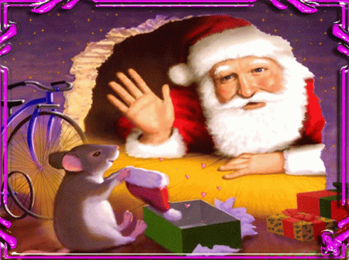 a painting of santa clause and a rat with presents