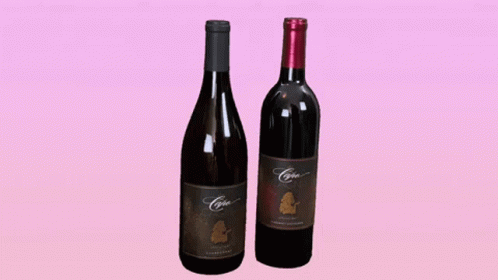 two wine bottles sitting next to each other on a purple surface