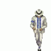 a white suit and hat is featured in the style of an old school pixellated pograph