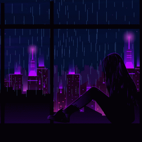 woman in silhouette in front of window with purple raindrops
