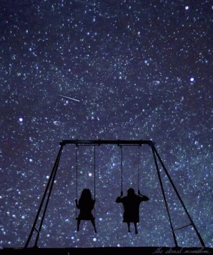 two children are playing on a swing swing under a starr filled sky