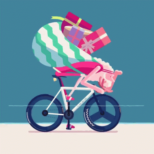 a bike with many gifts strapped on the back