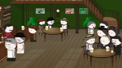 cartoon style image of a bar full of people
