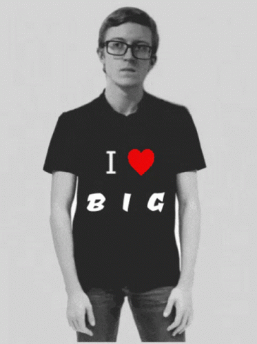 a man wearing glasses and a black i love big tee - shirt
