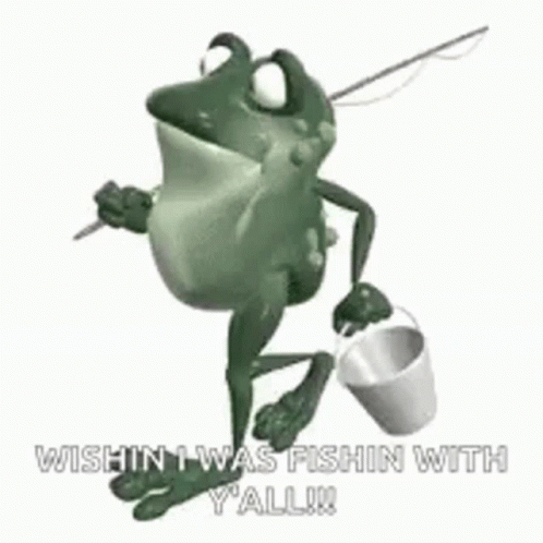 a cartoon green frog holding a bucket and fork