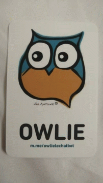 a sticker on a piece of paper with an owl's eyes and a text overlaid reading owllie