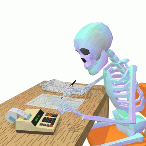a skeleton sitting at a blue desk working on a calculator