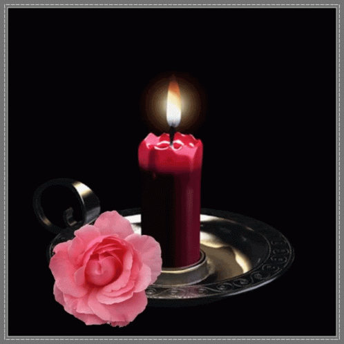 a purple candle sitting on top of a tray next to a rose