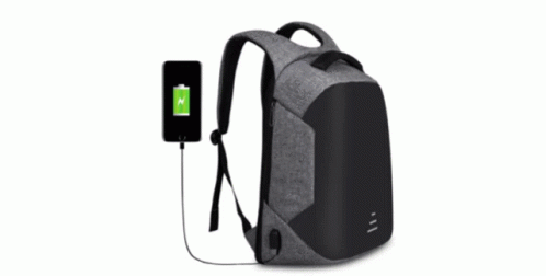 a grey backpack with a charging cable connected to it