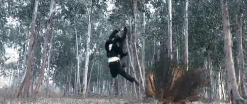 a person jumping in the air with some trees