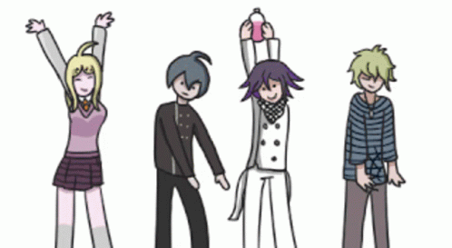 five anime character standing together and each one has their arms raised