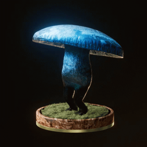 a big mushroom sculpture on top of a small table