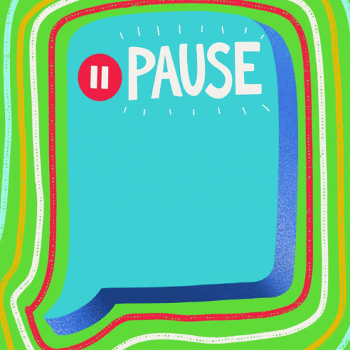 a large yellow speech bubble that reads pause
