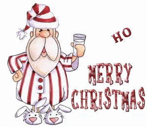 a cartoon santa holding up a glass with blue lettering on it