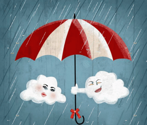 a painting of two happy clouds are under an umbrella
