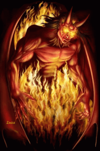 a demonic creature with fire surrounding him