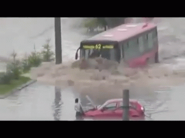 a bus is in flood water next to the street