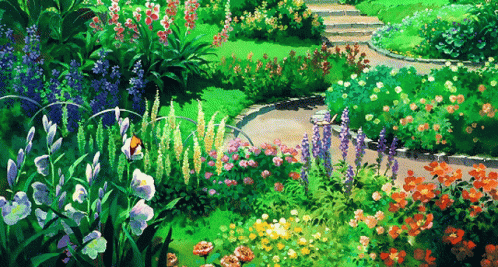 a painting of a garden with various flowers