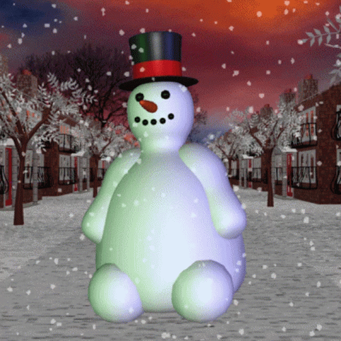a snow man dressed in the colors of blue, green and white