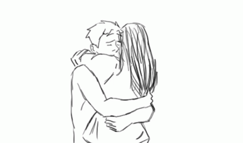 a drawing of two people hugging in front of a white background
