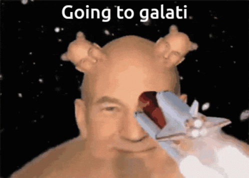 this is an artistic po of the head of a man in an iceman costume holding onto a toy airplane with the caption going to galai
