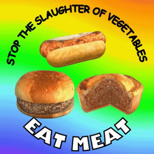 blue dogs sit in a blue bun that says, stop the  of vegtables eat meat