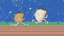two animated characters run across a blue track