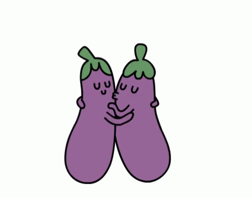 a cartoon of two eggplant halves hugging