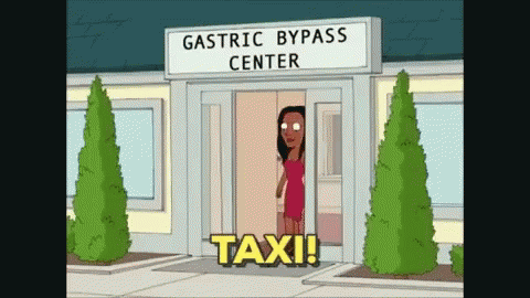 cartoon character entering gastric bypass center looking at taxi