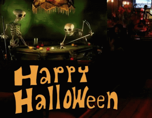 a halloween scene with skeletons holding hands