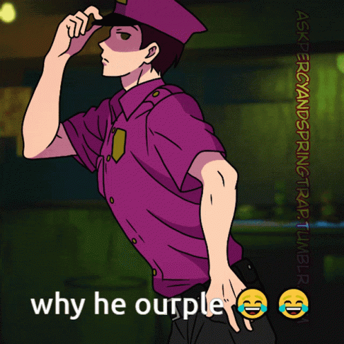an animated character with a caption saying why he urple