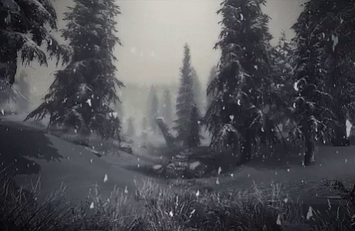 a forest is shown in the background with snow falling on the grass and trees