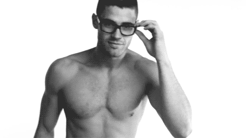 a male shirtless torso model with glasses and 