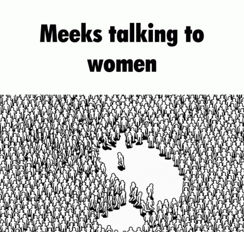 a large group of people standing in front of the word meens talking to women