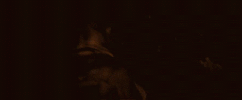 a blurry image of the head of a dog in dark, darkened room