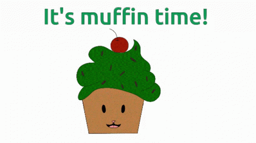 a blue cupcake with a green crown on top, with text saying it's muffin time