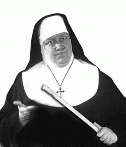 an older woman holding a wooden bat and a nun costume