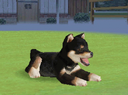 an animation image of a dog smiling and playing