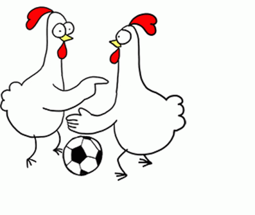 two chickens play with a soccer ball while the second bird watches