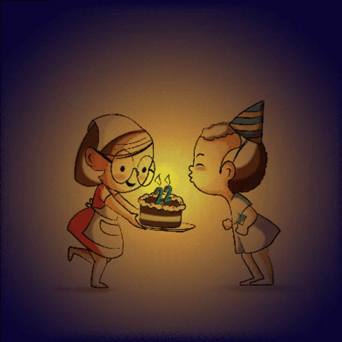 an animated image of two children holding a birthday cake