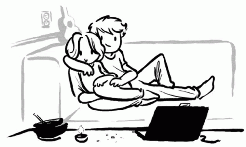 a black and white drawing of a person on a couch with his feet propped up