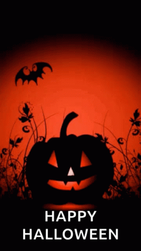 the word halloween with a pumpkin, bats and a dark blue background