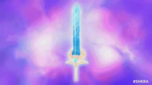 a drawing of a sword on a purple and pink background