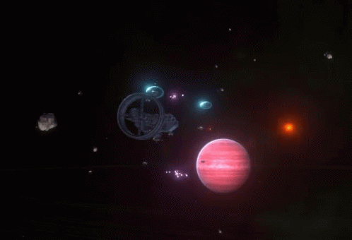 a group of planets and lights shine brightly