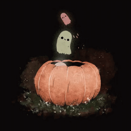 a strange halloween pumpkin in the night with a ghost on its back
