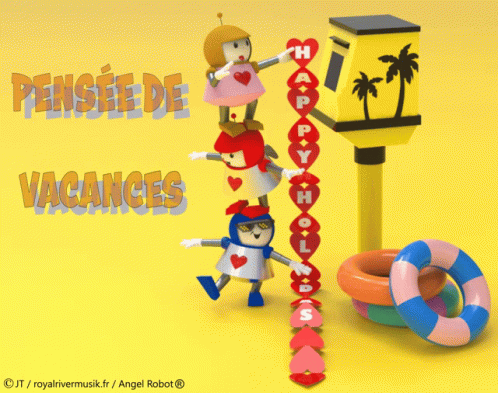 three cartoon figures near a beach umbrella