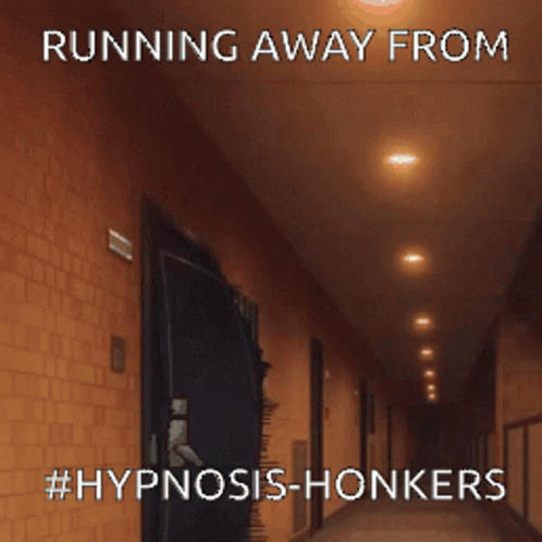 an image of a long hallway with the words running away from hypnosis - monkeys