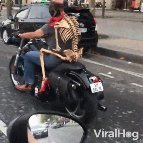 this is a blue and black skeleton riding on a motorcycle