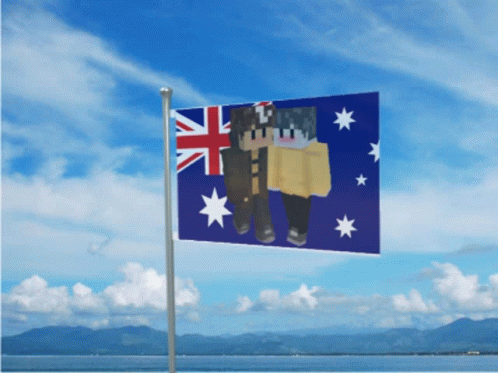 a flag with a picture of people hanging from it's side